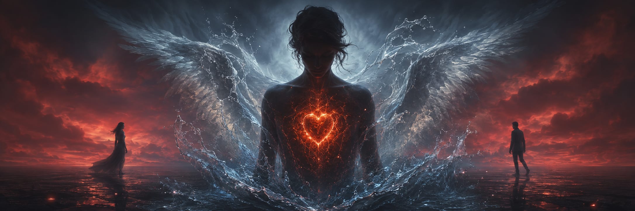 A winged figure with a bright heart stands between two people in a fiery, cloudy landscape filled with chaos.