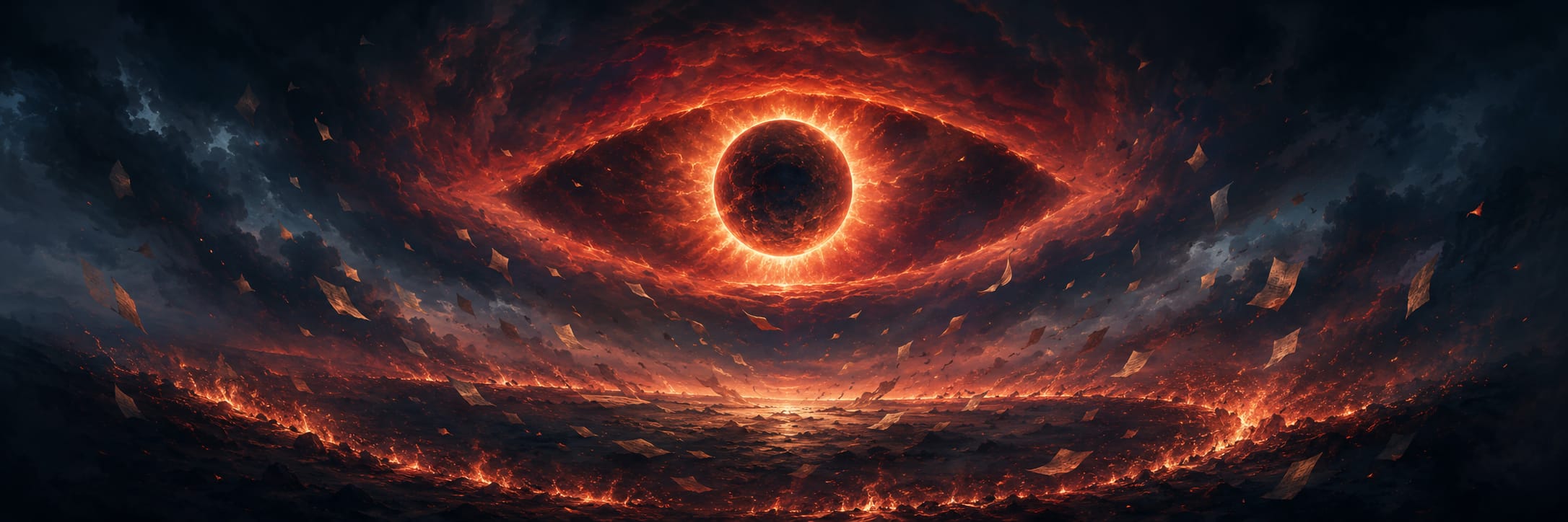 A fiery, glowing eye overlooks a burning ash-filled landscape scattered with debris.