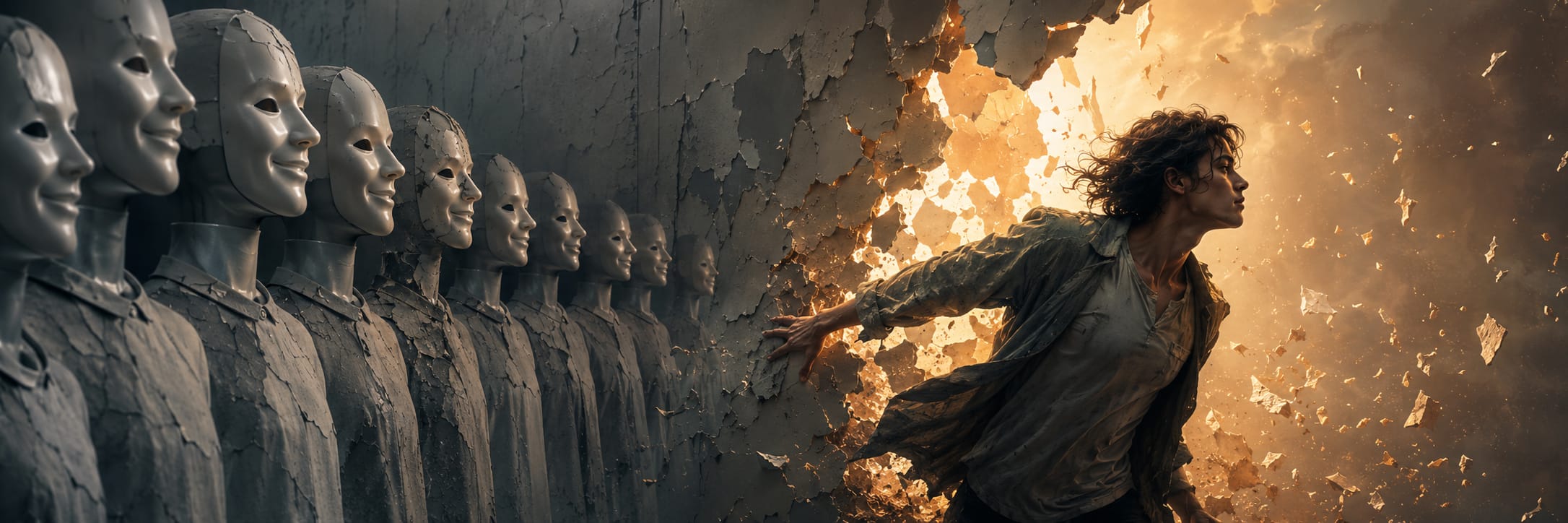 A person bursts through a wall, disrupting a mannequin crowd in a dramatic, satirical scene with swirling debris.