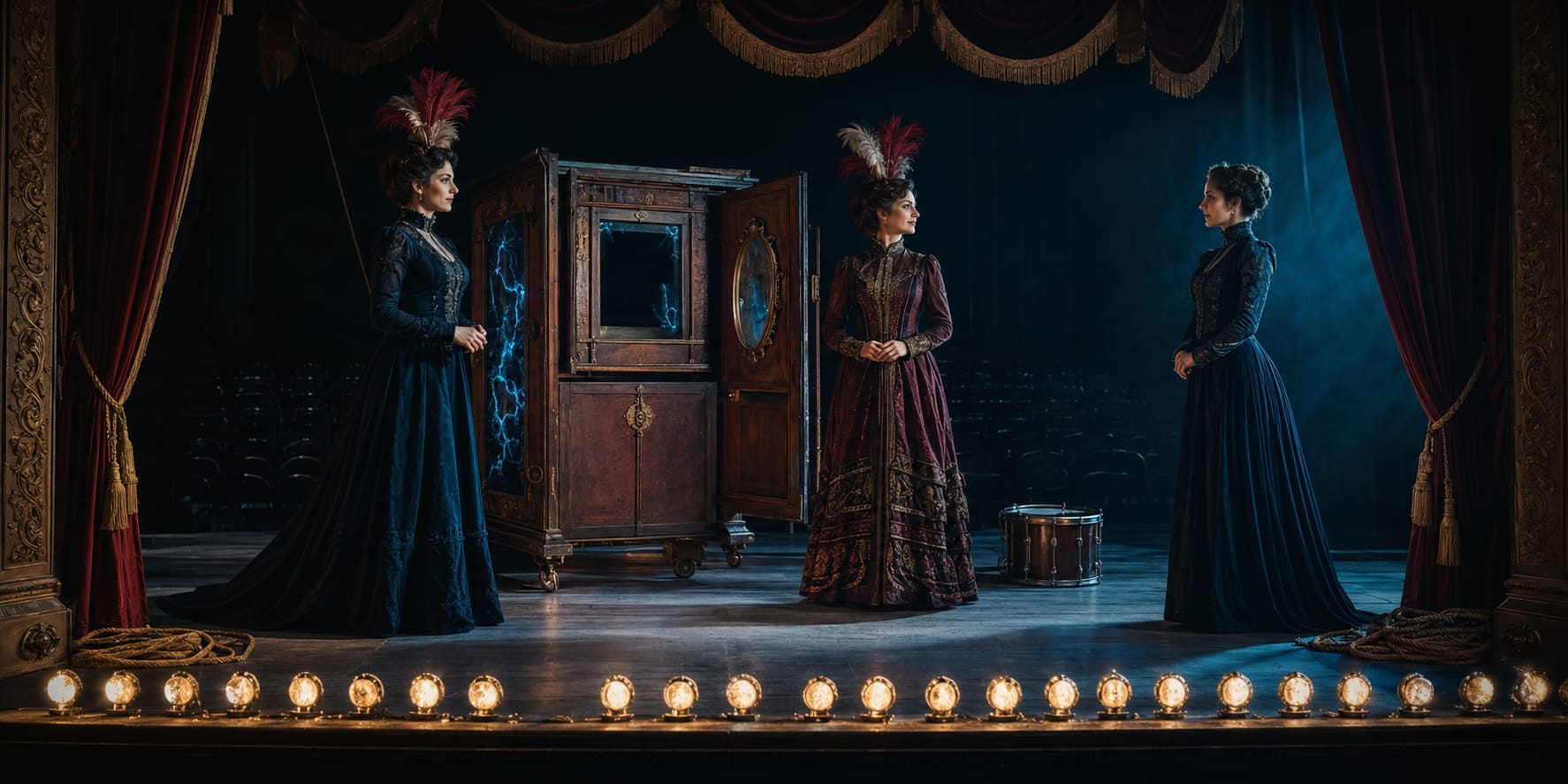Three women in Victorian dresses stand on stage next to a large wooden cabinet, creating a surreal and fantastical scene.