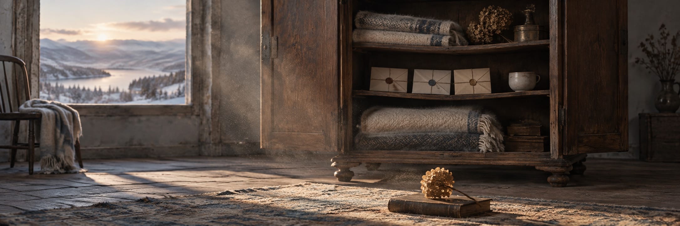Rustic room with wooden cabinet, dried flowers, and a window overlooking snowy hills and a lake.
