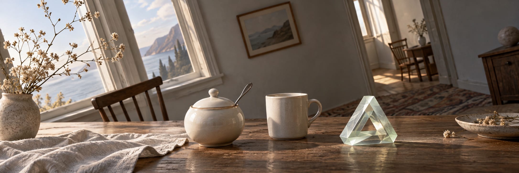 Surreal mug, glass sculpture, dried flowers, and sugar bowl arranged on a wooden table by large scenic windows.