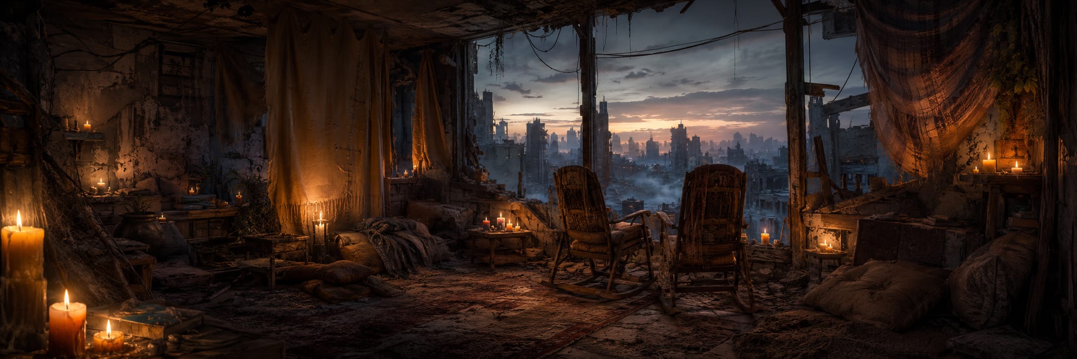 Two rocking chairs face a ruined cityscape, candlelit, with tattered curtains framing the fading glow of sunset.