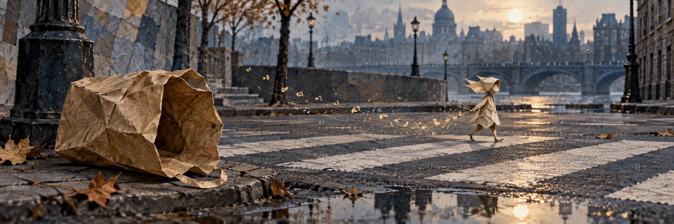 A paper figure walks on a wet street trailed by letters, with shimmering reflections, a crumpled bag, city skyline, and a bridge behind.