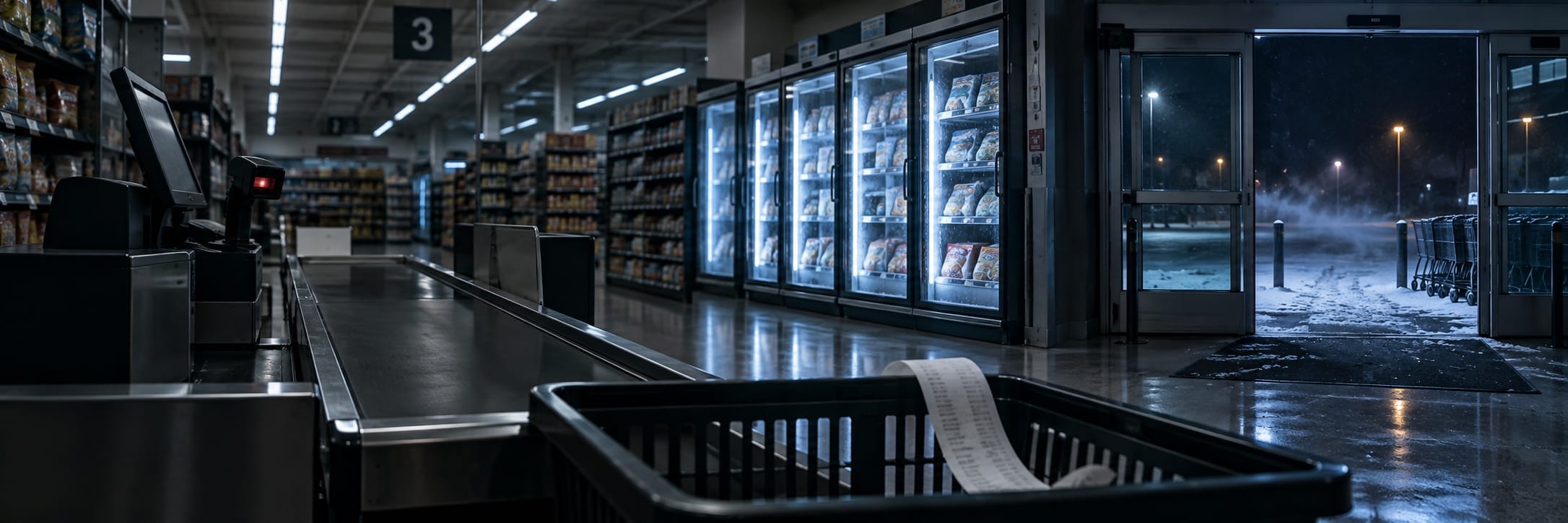 An empty supermarket checkout lane glows under fluorescent lights beside open automatic doors.