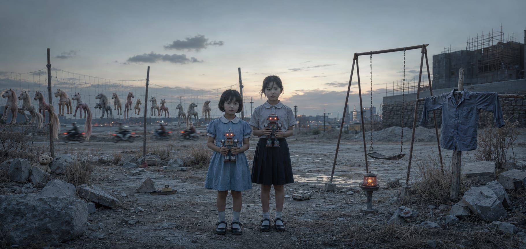 Two girls holding toy robots stand among swings and carousel horses silhouetted against a desolate dusk.