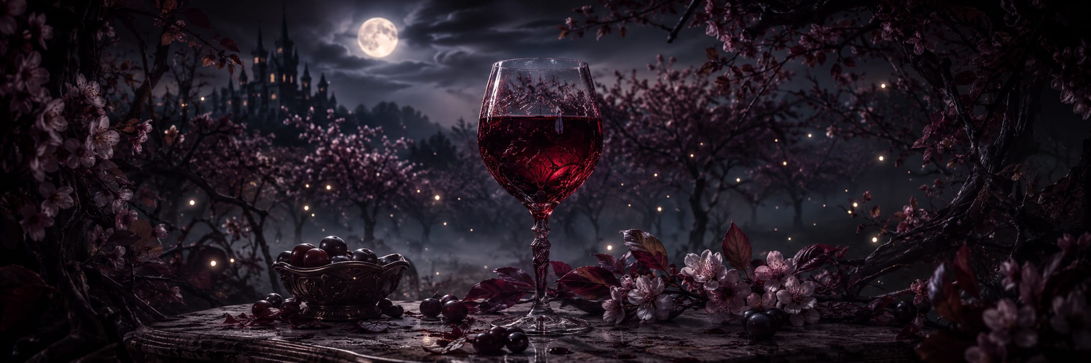 A glass of red wine with cherries and flowers sits outdoors beneath a surreal full moon.