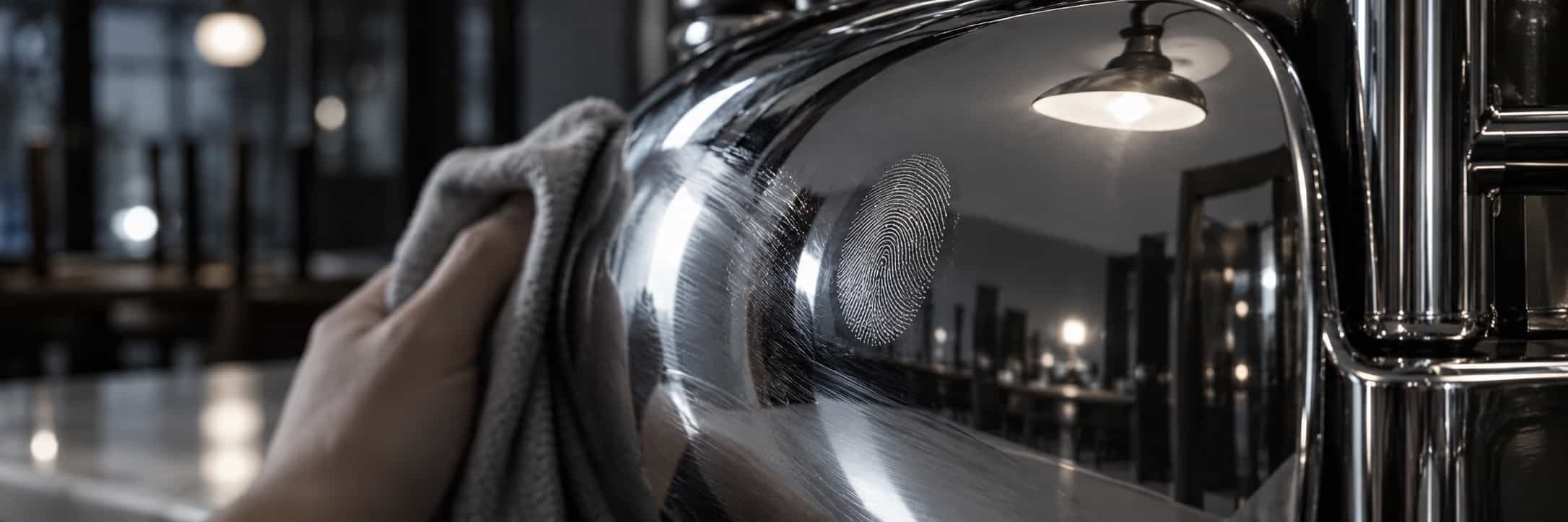 A cleaner’s hand wipes the chrome beside a thumbprint that remains on the polished surface.