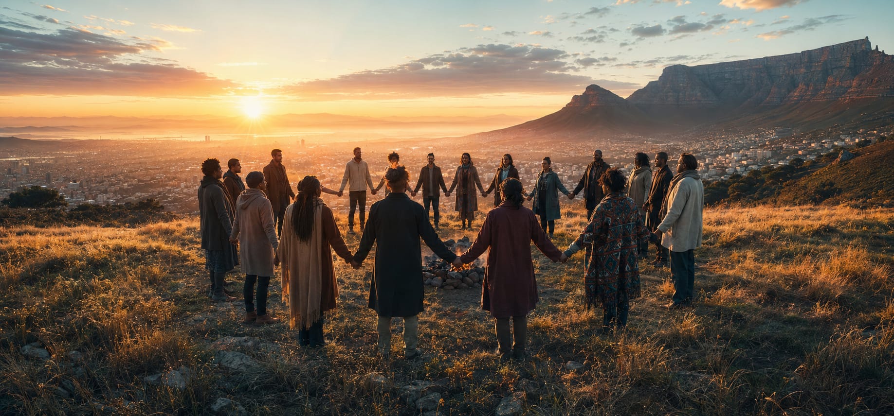 A group stands in a circle holding hands on a hill, united above a city and mountains in the background.