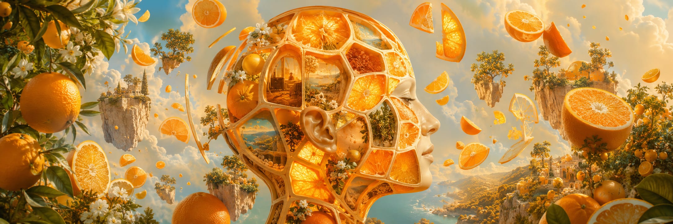 A floating human head made of orange slices and landscapes surrounded by oranges in a surreal, sunny fantasy scene.