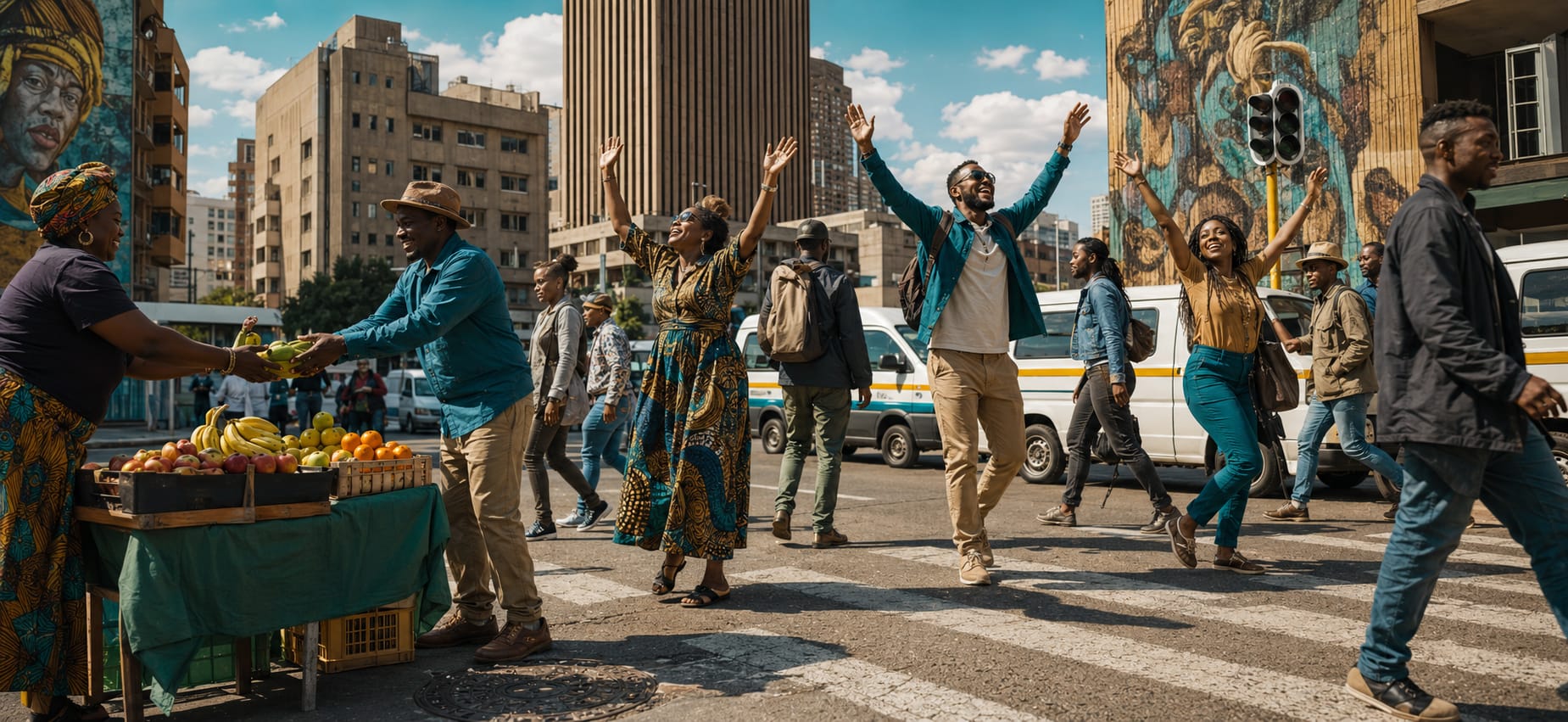 People dance with arms raised while crossing a city street near a fruit stand, amid buildings and colorful murals.