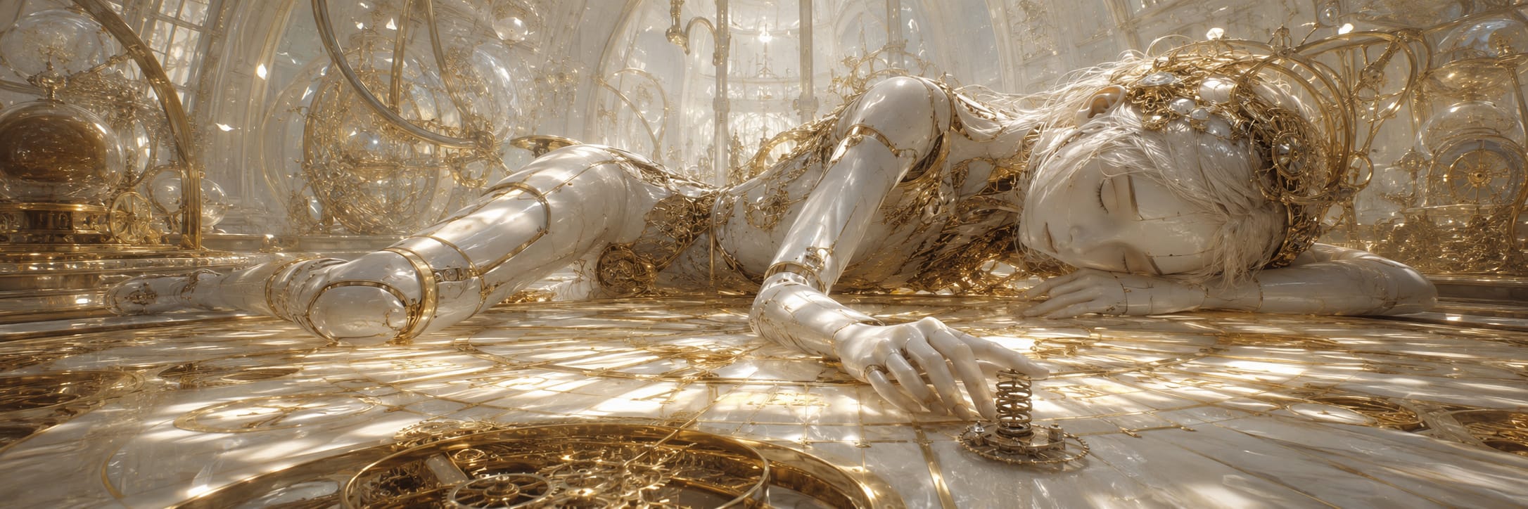 A surreal humanoid figure lies on an ornate clockwork floor in a room decorated with intricate golden details.