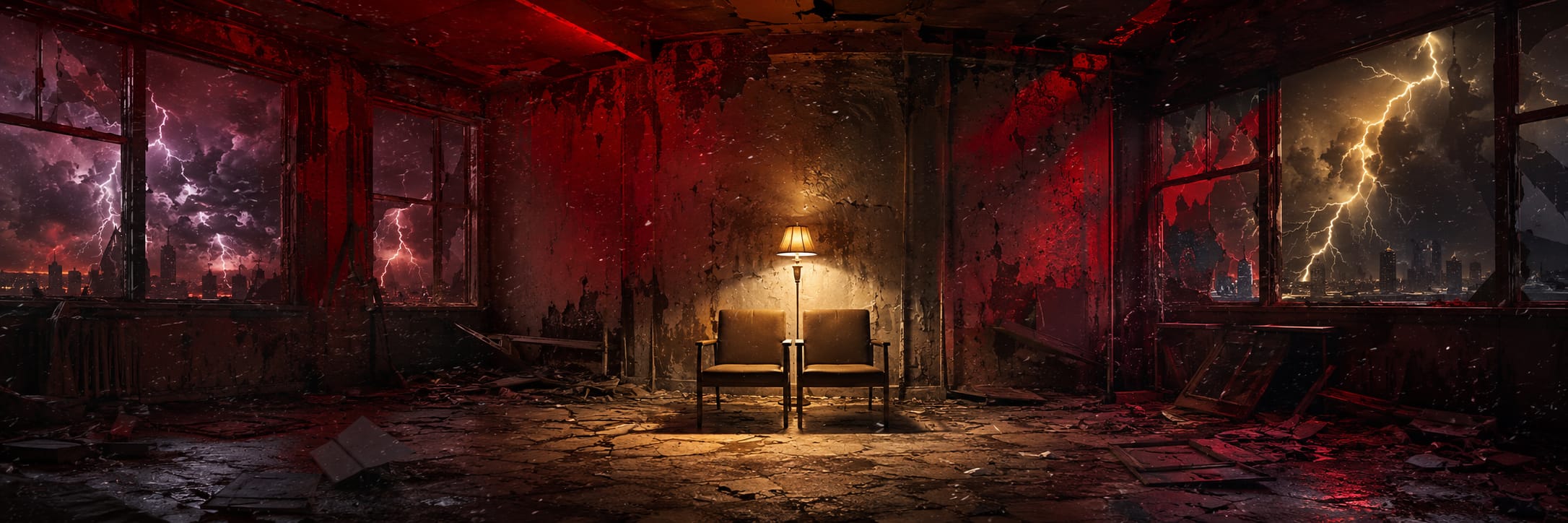 Damaged room with peeling walls, debris, and a lit lamp between two chairs; red lightning storms rage outside.