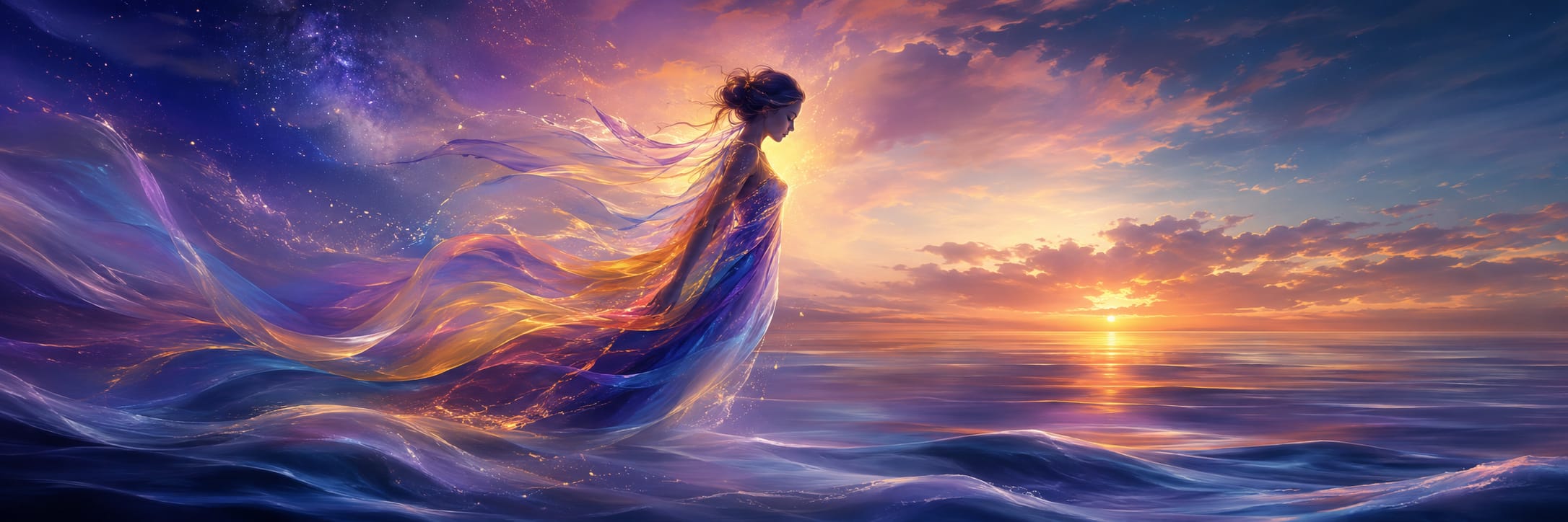 A silhouetted figure in colorful fabric stands over water at sunset beneath a dramatic sky, reflecting nature and tranquility.