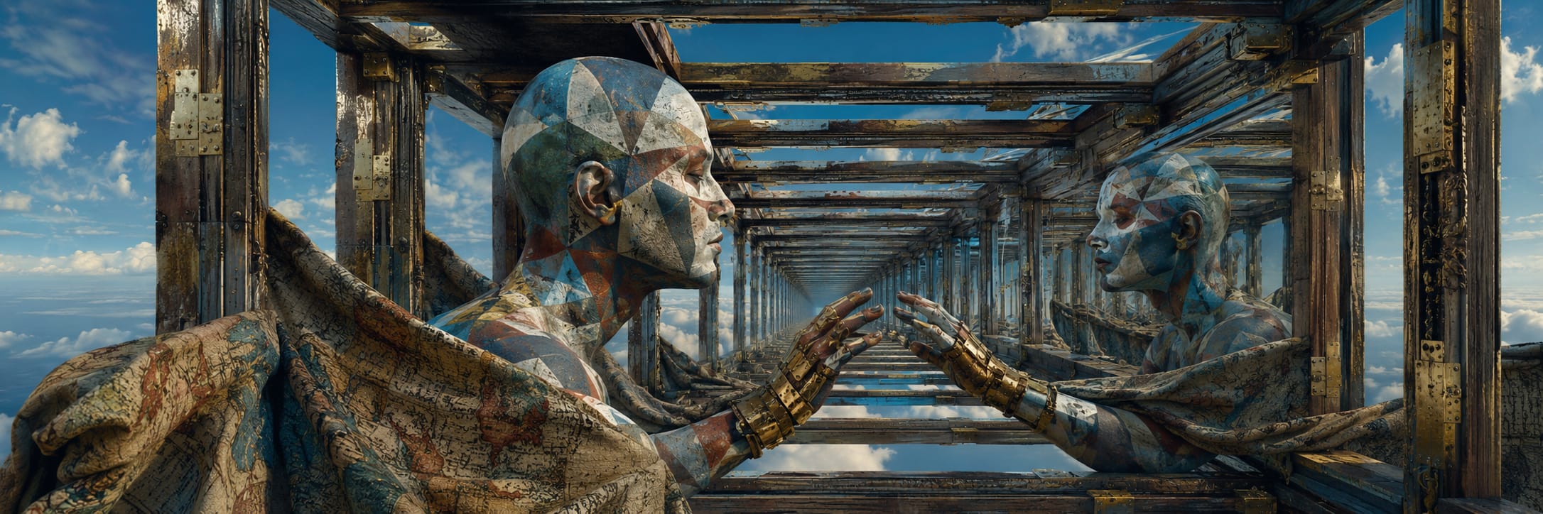 A surreal figure touches a mirror, producing imaginative reflections in a wooden frame with clouds and nature in the background.