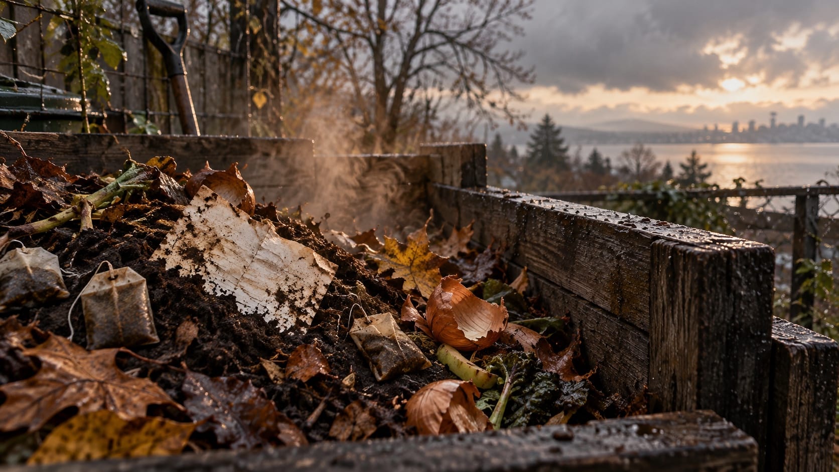 A rain-dark compost bin steams around torn handwritten paper and wet autumn leaves.
