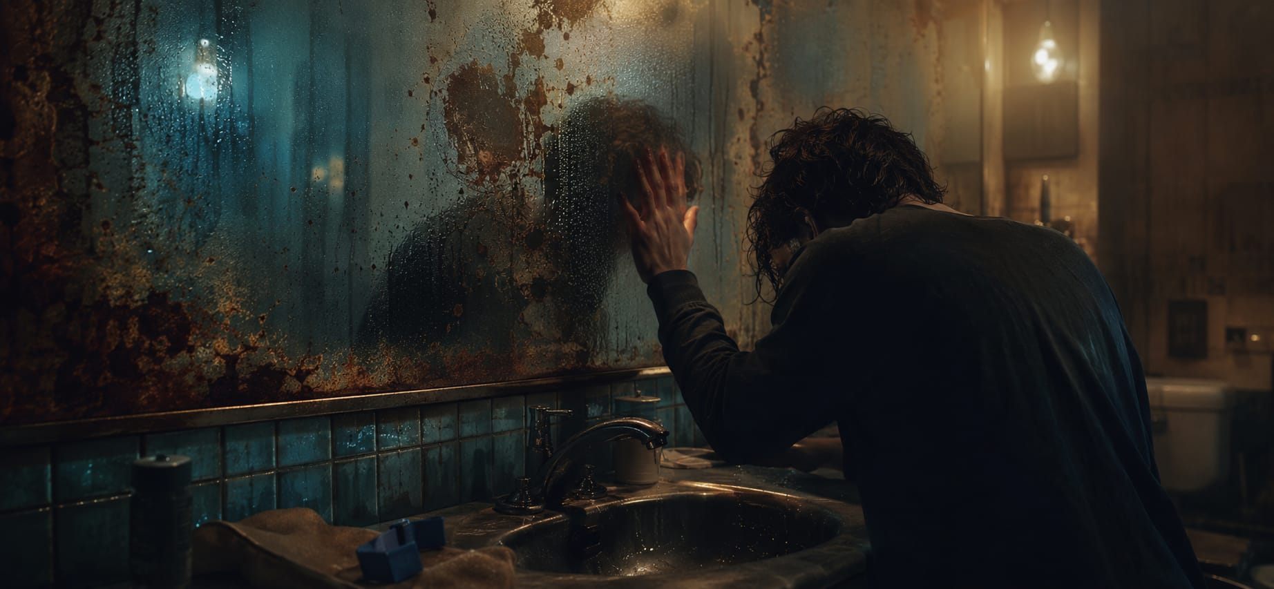 A person leans over a bathroom sink with head down, looking for their reflection in a foggy, stained mirror.
