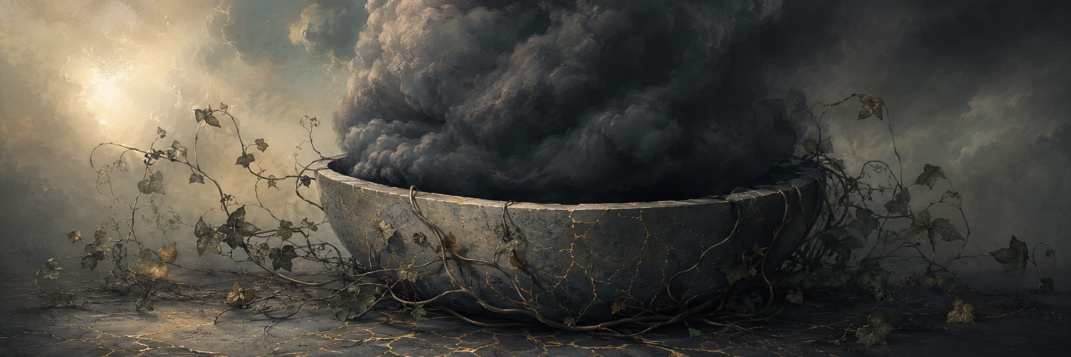 A cracked stone bowl emits dark smoke, tangled vines surrounding it on a textured surface, evoking chaos and disorder.