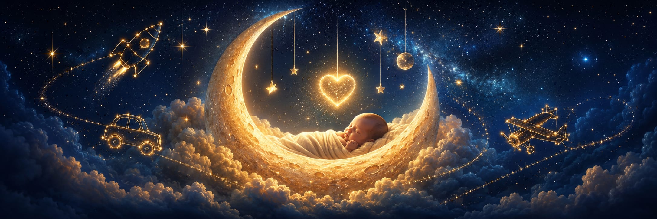 Baby sleeping on a crescent moon, surrounded by clouds, stars, and glowing outlines of a car, rocket, and airplane.