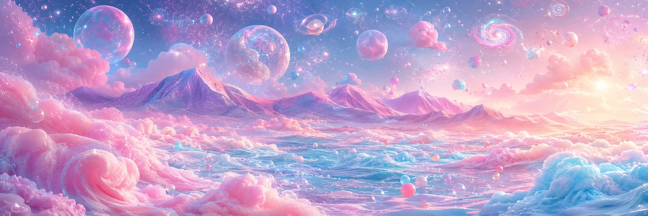 Surreal pastel landscape with pink clouds, icy mountains, swirling waves, and planets in a dreamy sky.