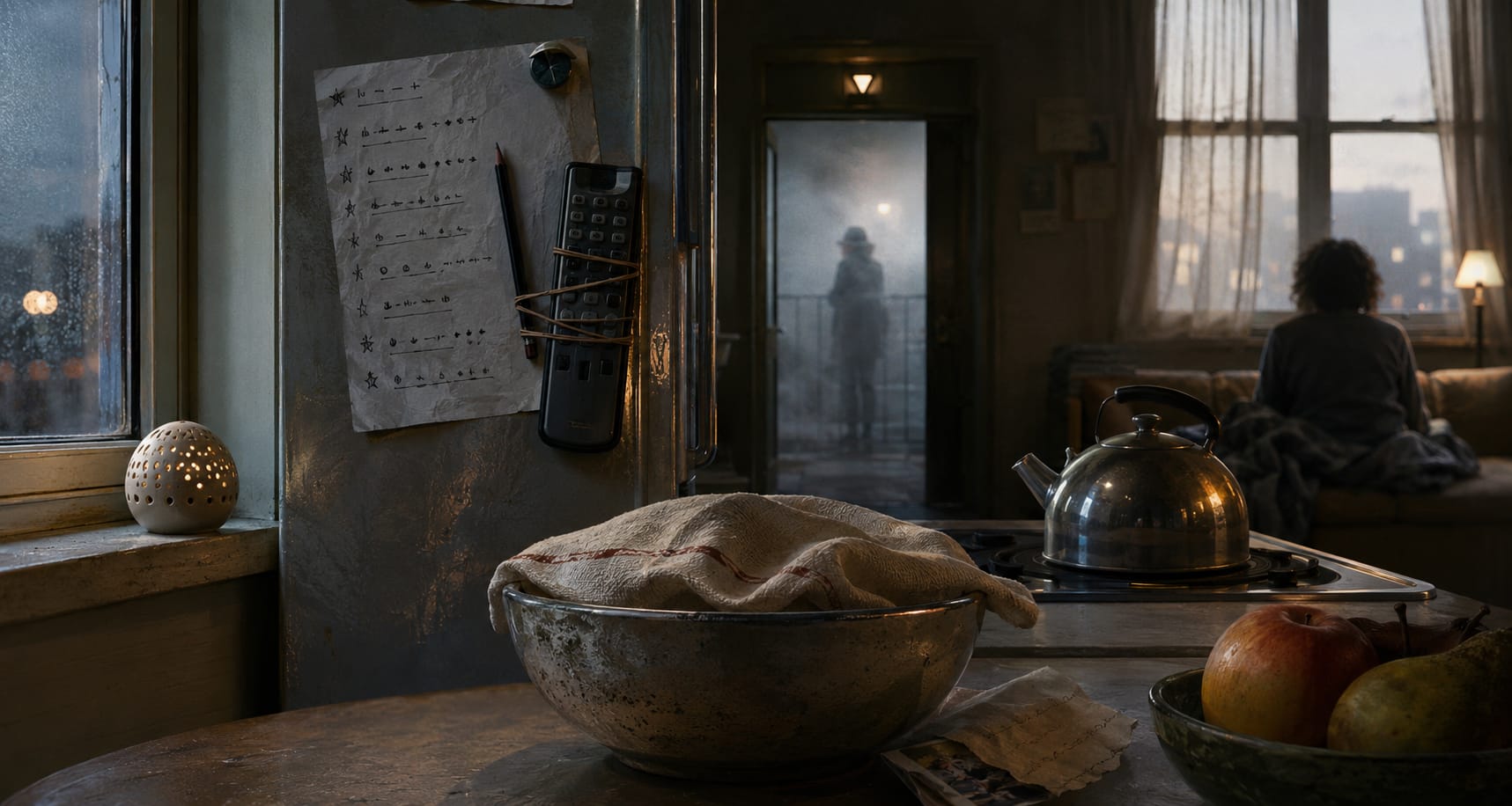 A cloth-covered bowl rests on a table as a fantastical figure stands in the distance on the balcony.