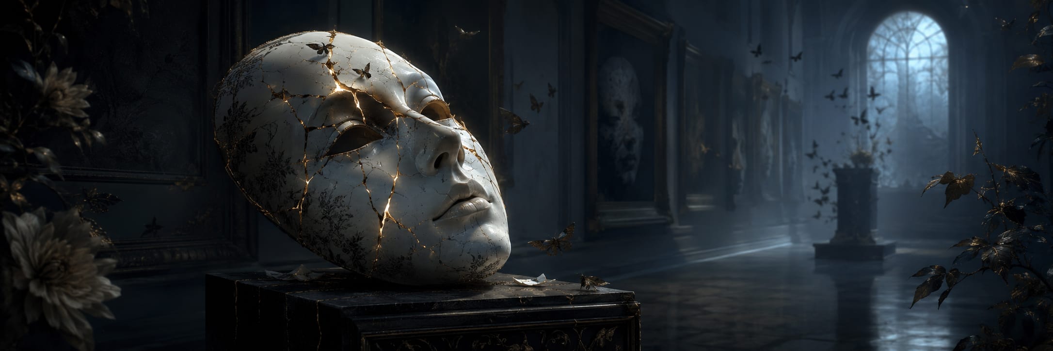 A large cracked mask with gold seams lies in an ornate hallway, surrounded by scattered flowers and flying butterflies.