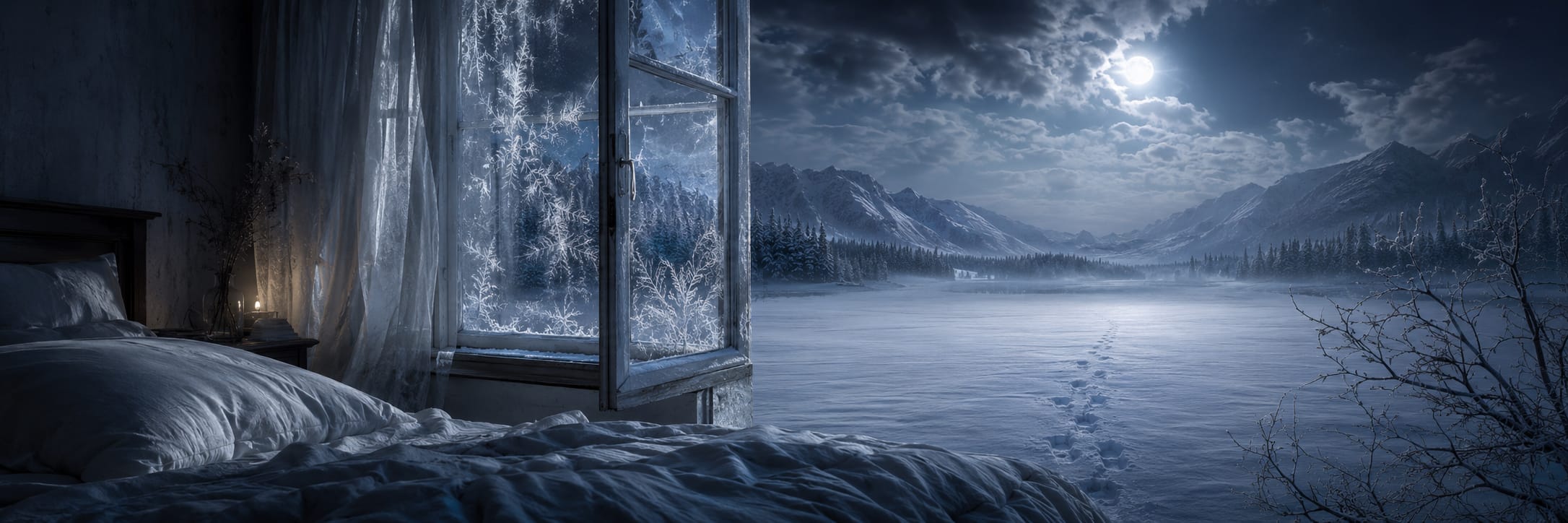 A frosty bedroom with an open window overlooks snowy mountains under a full moon, with footprints marking the snow.