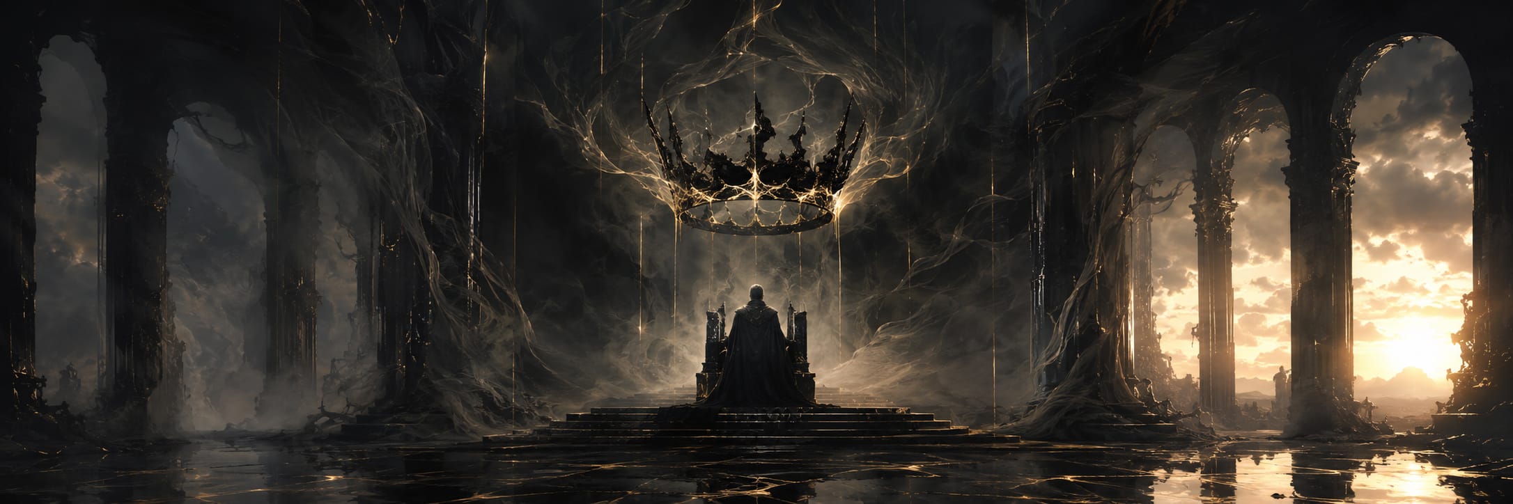 A crowned figure sits among columns in a throne room filled with surreal energy and dramatic, chaotic shadows.