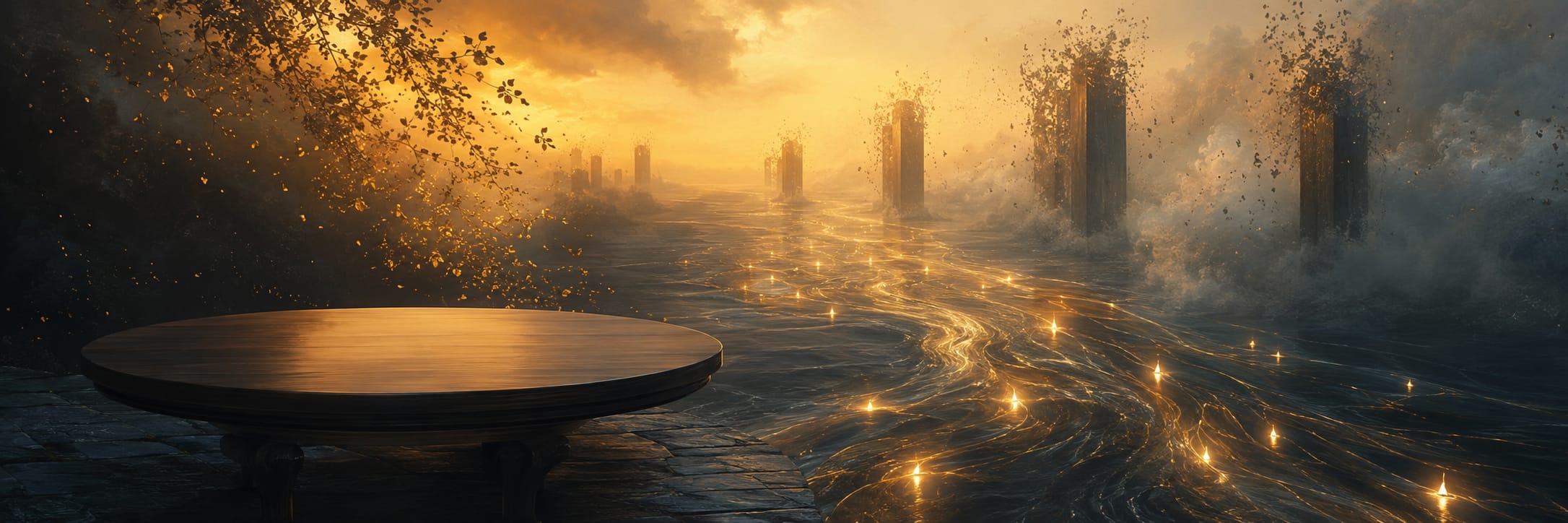 A round wooden table overlooks a surreal river with golden lights and columns emerging amid misty reflections in nature.