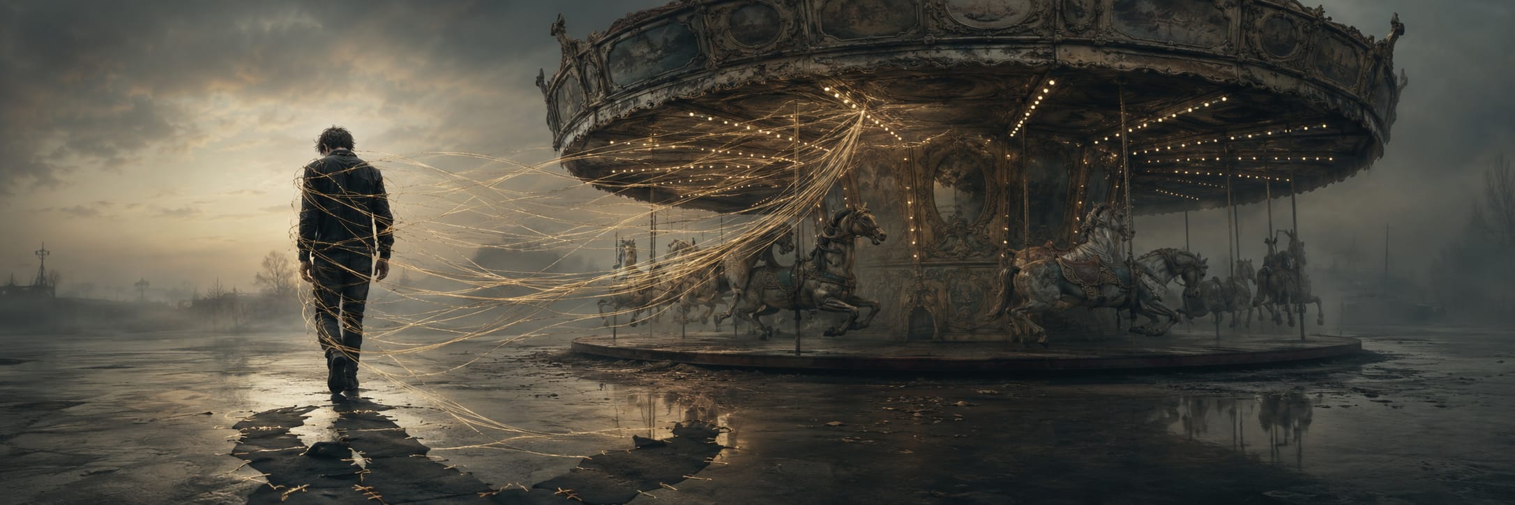 A person walks away from an old carousel at dusk, connected by glowing threads to the abandoned, spinning ride.