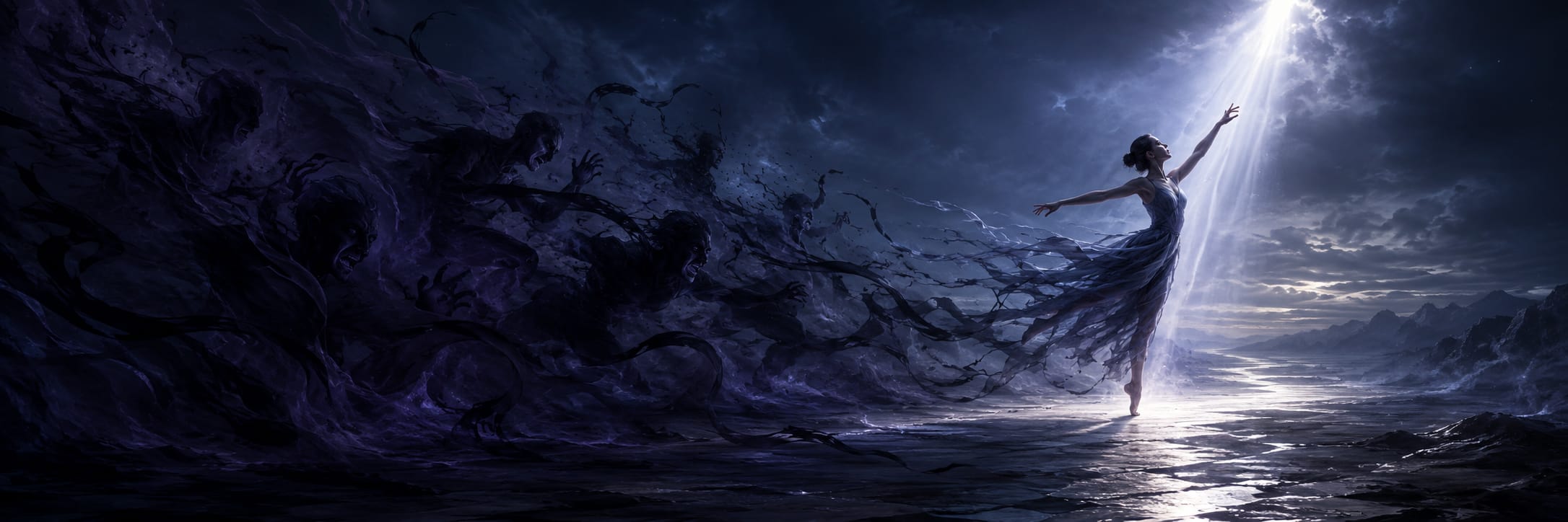 A woman in a flowing dress reaches forward as shadowy figures swirl behind her beneath a stormy night sky.