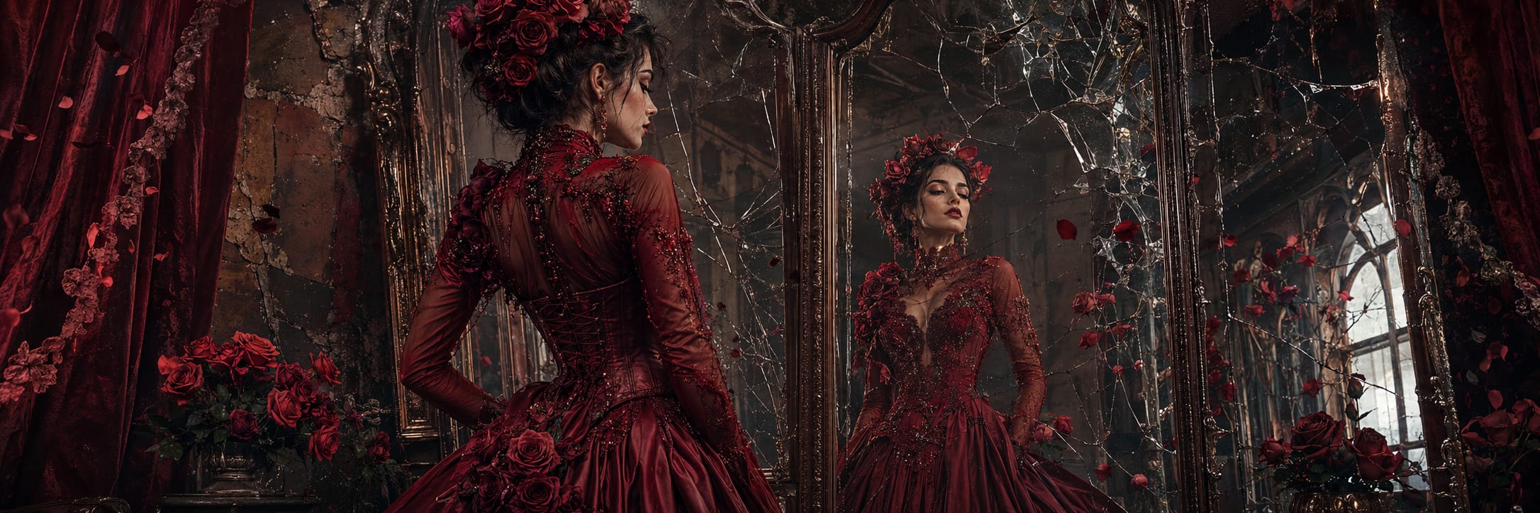 A woman in a red gown stands before cracked mirrors, surrounded by red roses in an ornate room.