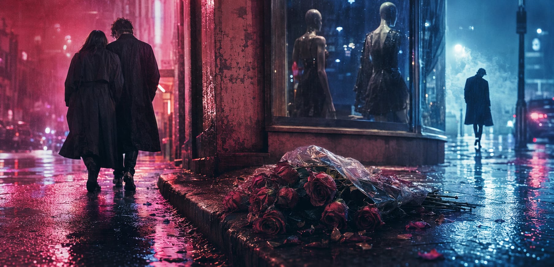 Two people walk on a rainy city street at night; roses reflect on the wet sidewalk near a shop window with mannequins.
