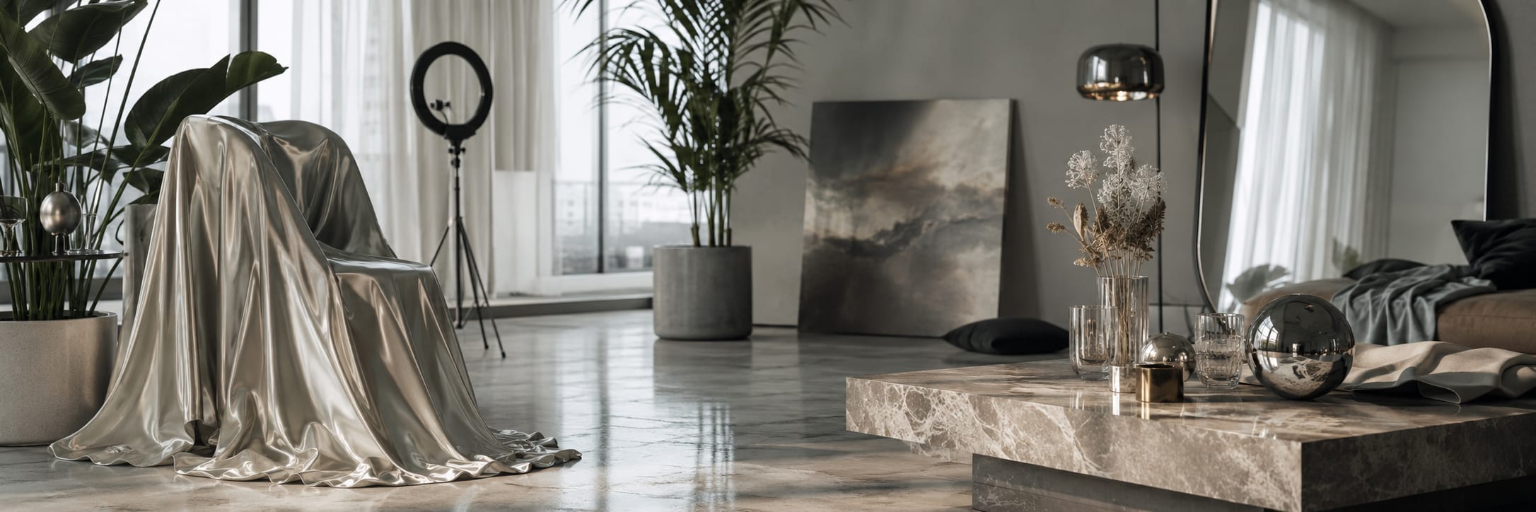 Modern living room featuring large plants, a ring light, marble table, metallic accents, and artistic elements.