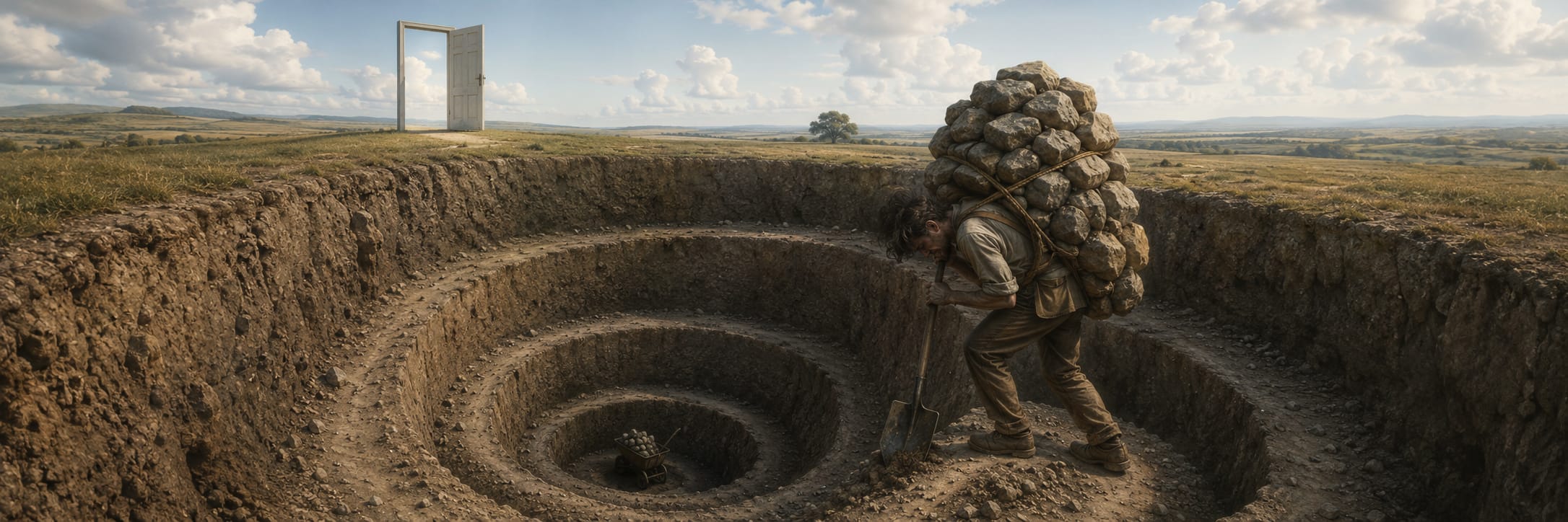 A person carrying a stack of rocks stands on spiral steps in a pit; nearby, a door stands alone in an open field.