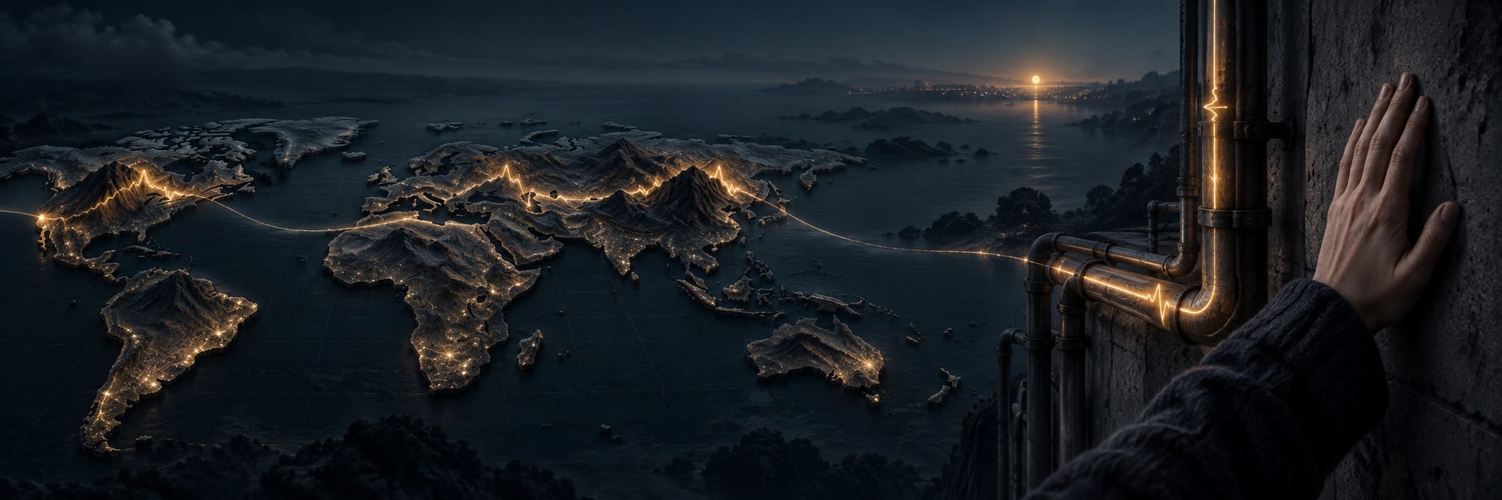 A hand touches pipes as glowing lines create a world map, connecting continents over a sunset-lit city where nature and reflection merge.