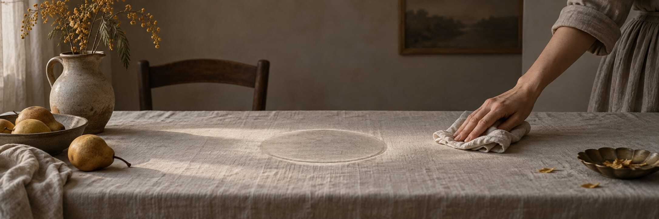 A person wipes a linen tablecloth near surreal pears, a brass dish, and a chair in a fantastical room.