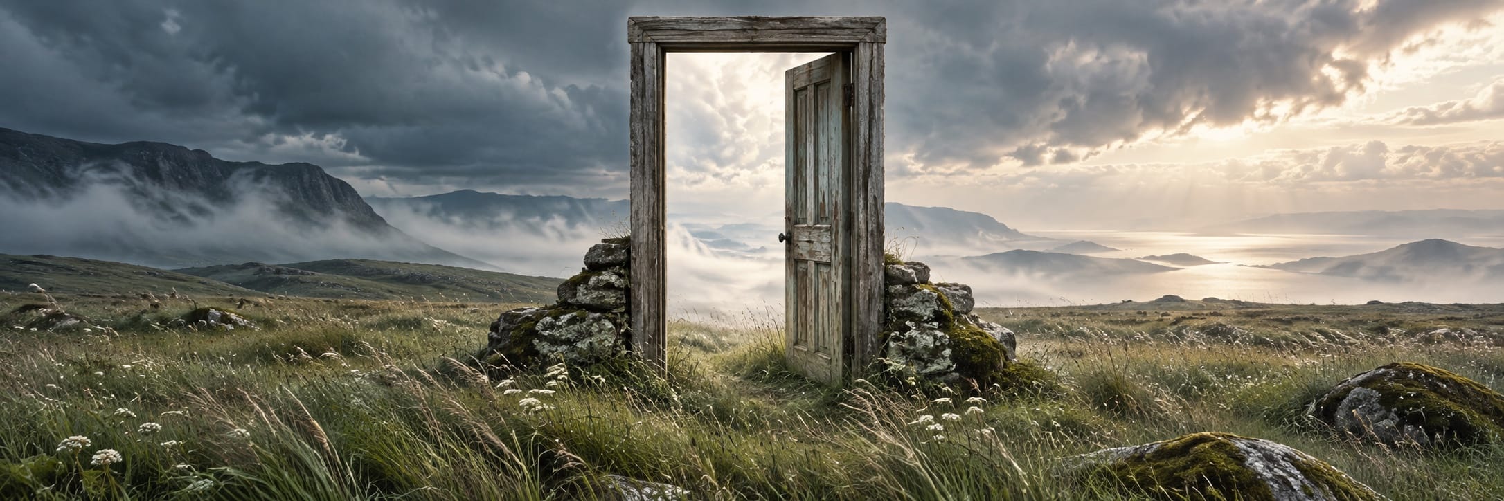 A weathered wooden door stands alone in a grassy field, with mountains and misty clouds visible through its opening.