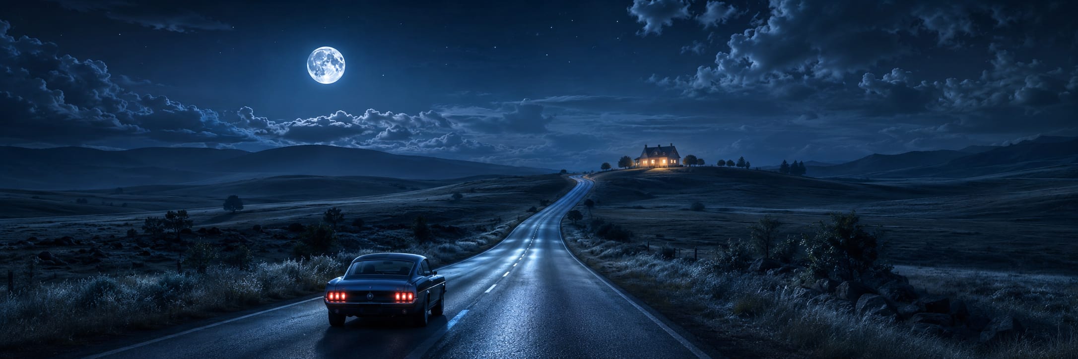 A car drives on a rural road toward a lit house under a full moon at night.