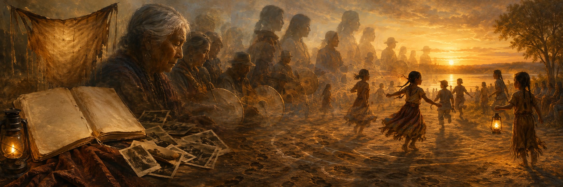 An elderly woman sits by photos as children dance nearby during sunset at the lake.