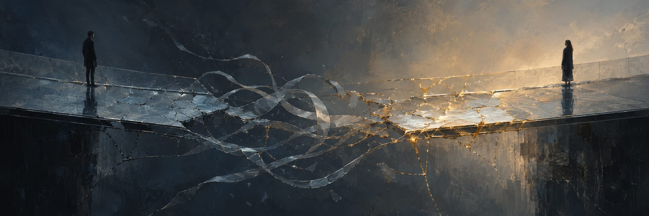 Two people face each other on a cracked bridge, surrounded by swirling metallic ribbons in an abstract landscape.