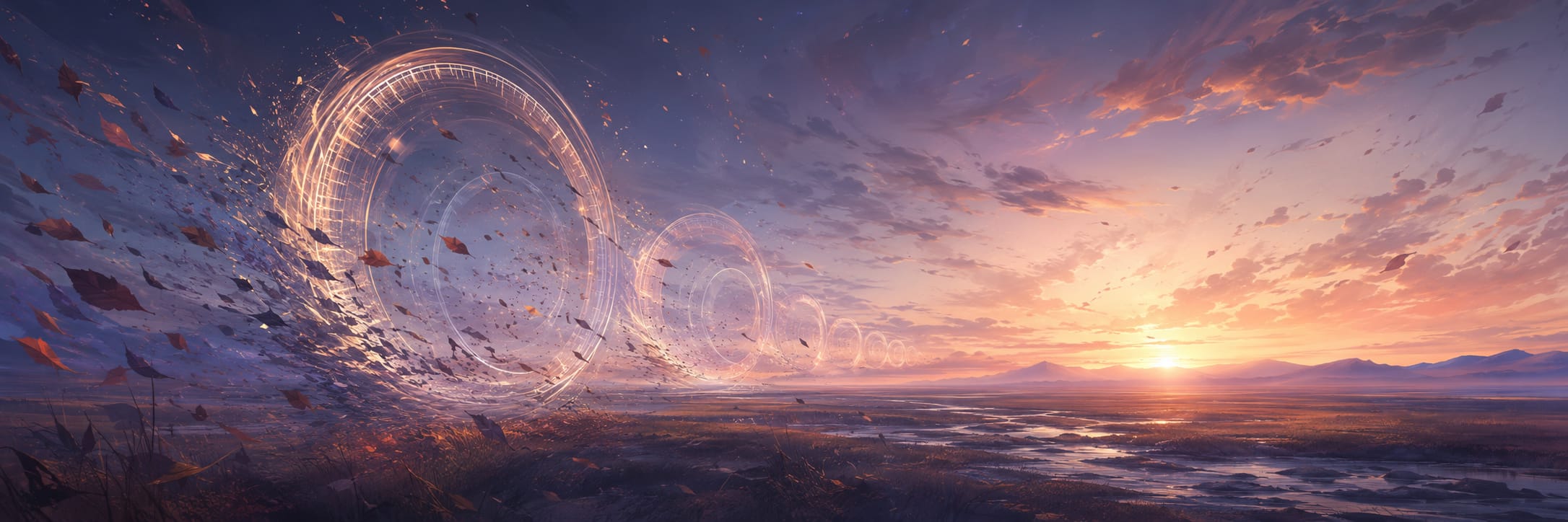 Sunset sky above a wet landscape with swirling patterns and floating debris reflecting the turmoil of nature.