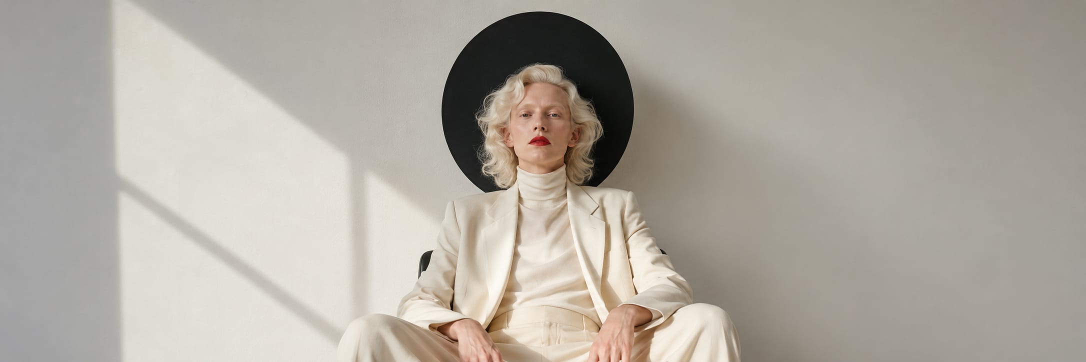Person with white hair in a cream suit sits, framed by a surreal black circle against a plain wall.