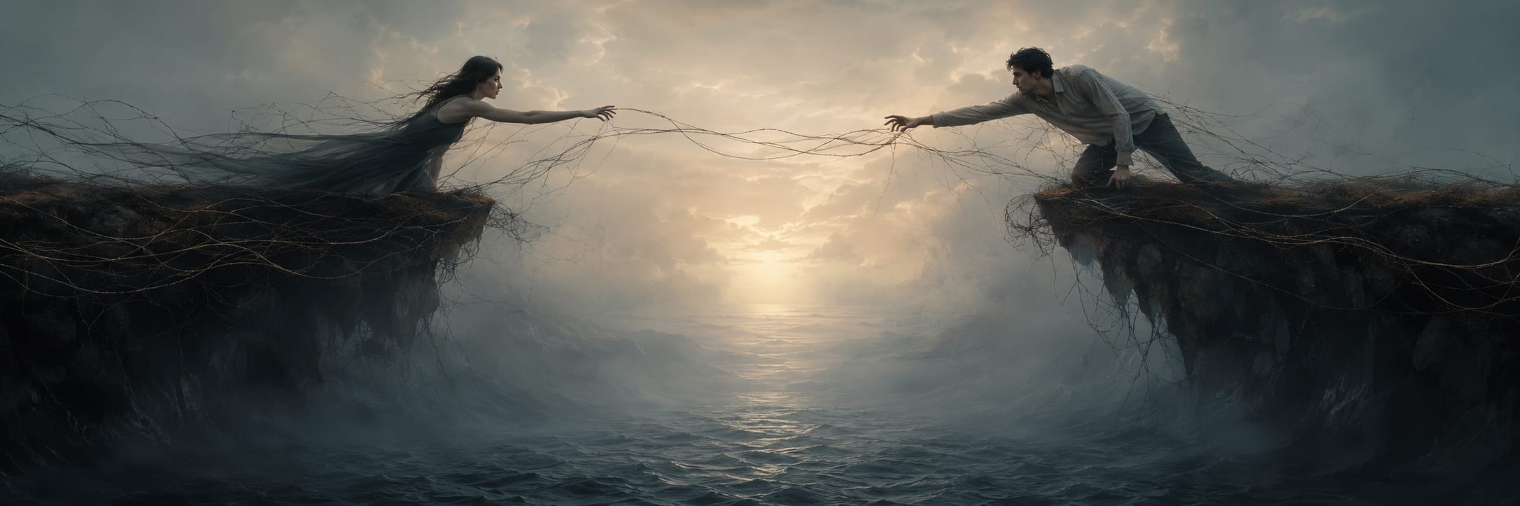 A woman and man reach across cliffs, connected by tangled roots as darkness and chaos swirl below a misty sunrise.