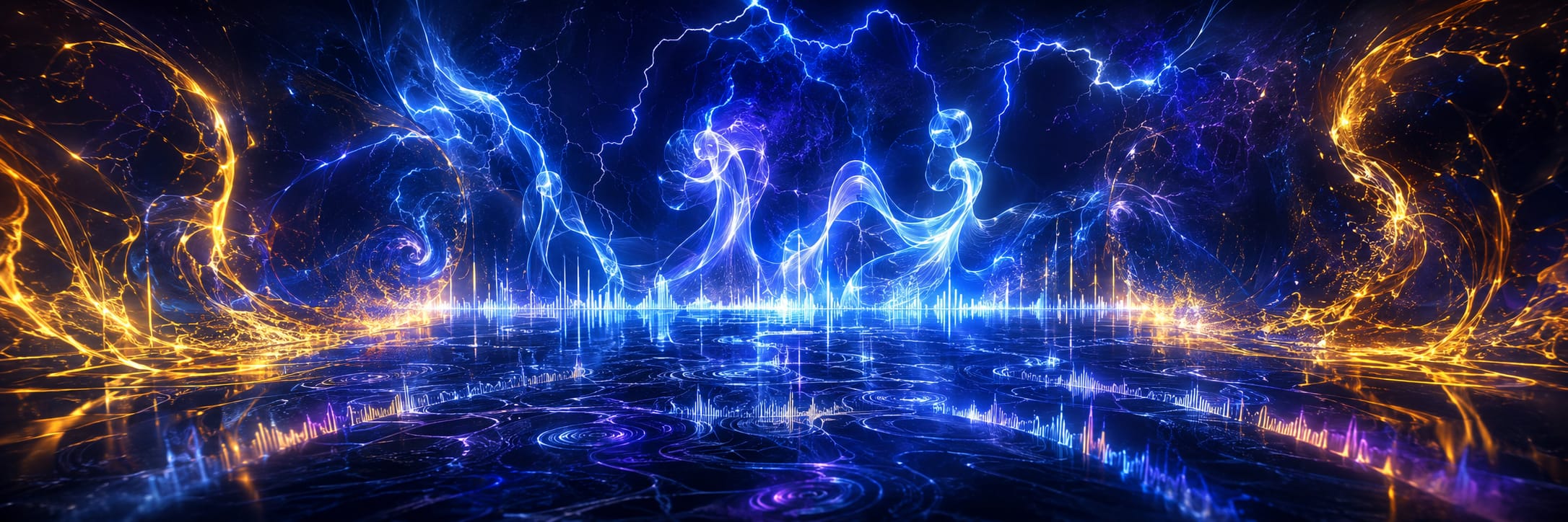Swirling blue and orange energy waves evoke lightning and chaos atop a glossy, patterned surface in a surreal scene.
