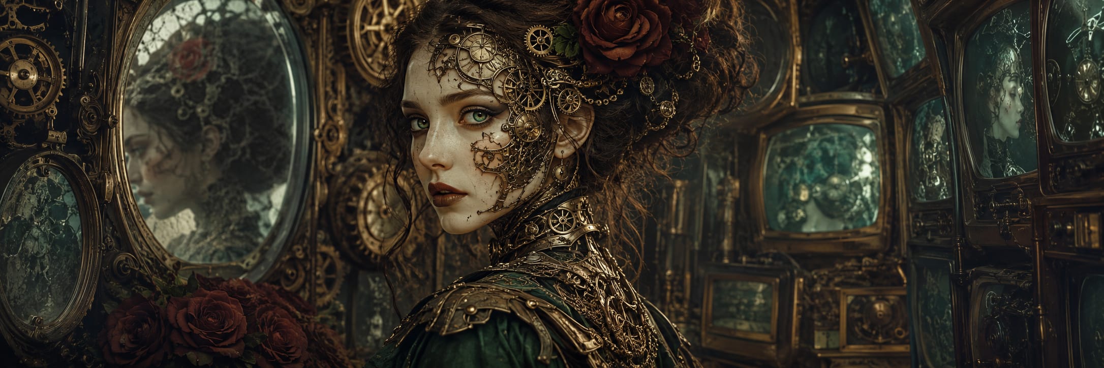 Woman in steampunk attire with gears on her face stands among mirrors and roses, creating a surreal, fantastical scene.