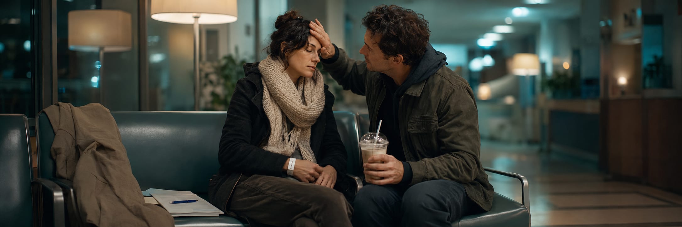 A man checks a woman’s forehead as they sit on a hospital bench; she looks tired but resilient, wearing a hospital wristband.