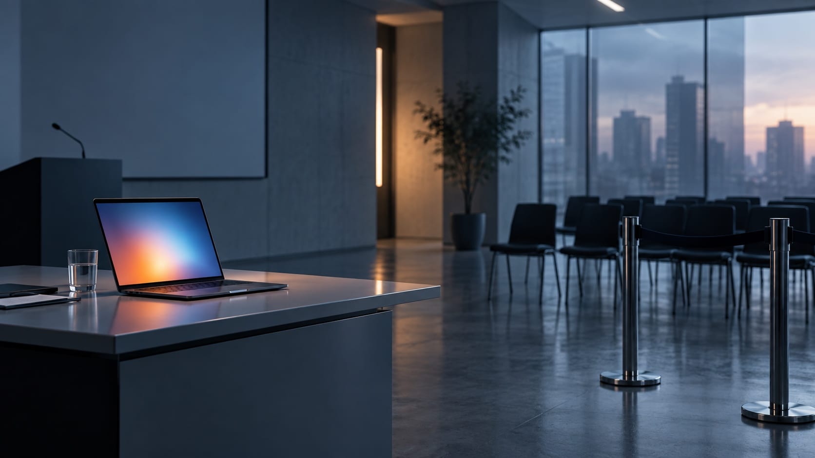 An empty corporate queue faces a laptop glowing warm blue in a quiet presentation room.