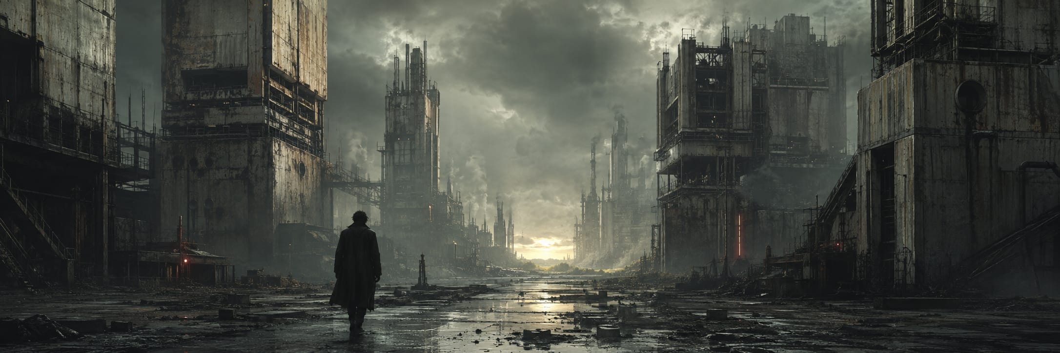 A lone person walks through a ruined city at sunrise, surrounded by crumbling buildings.