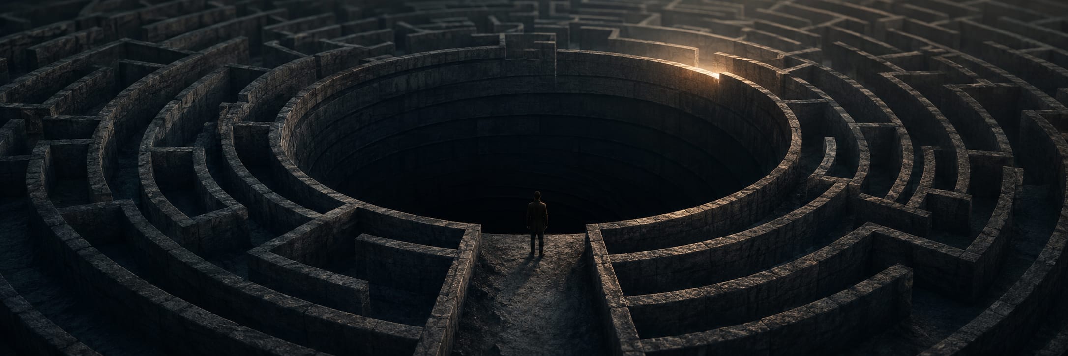 A person stands in the center of a large stone maze, surrounded by chaos, with distant light visible at the edge.